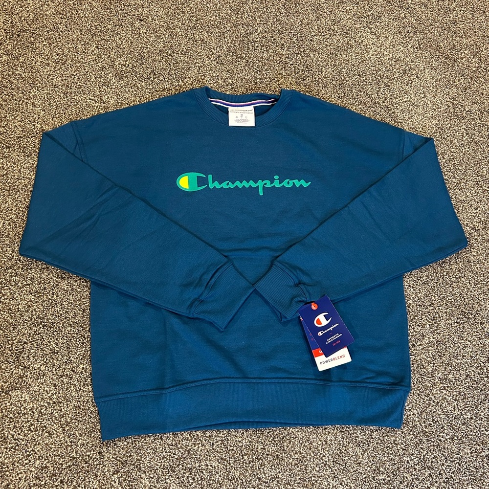 Champion Women’s Size M Powerblend Classic Script Crewneck Fresh Teal Sweatshirt